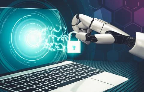 Futuristic AI thinking of droid robot artificial intelligence concept Stock Illustration