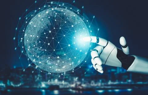 Futuristic AI thinking of droid robot artificial intelligence concept 스톡 일러스트