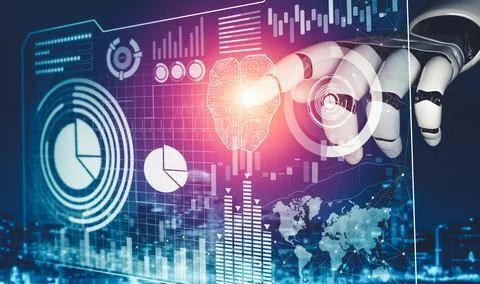 Futuristic AI thinking of droid robot artificial intelligence concept 库存插图