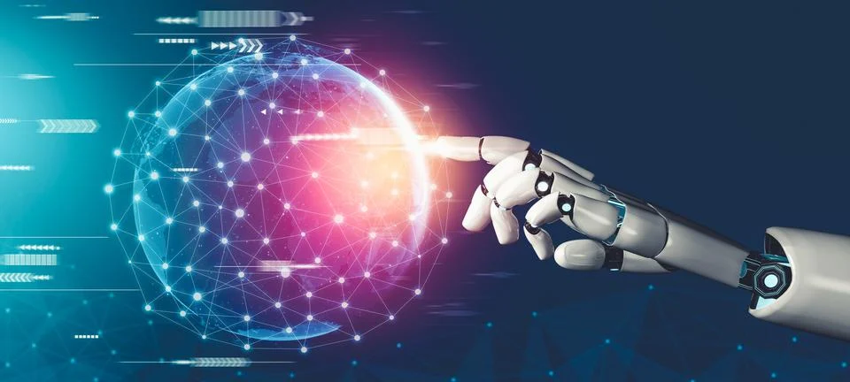 Futuristic AI thinking of droid robot artificial intelligence concept 스톡 일러스트