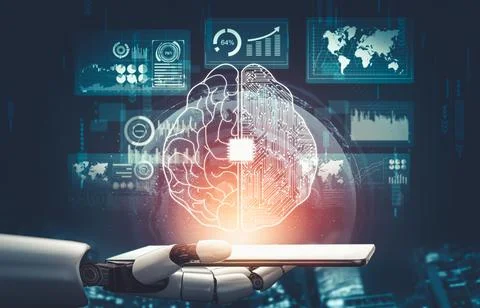 Futuristic AI thinking of droid robot artificial intelligence concept Stock Illustration