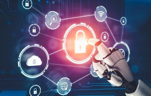 Futuristic AI thinking of droid robot artificial intelligence concept Stock Illustration