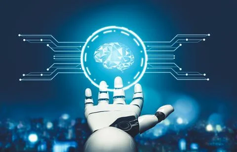 Futuristic AI thinking of droid robot artificial intelligence concept Stock Illustration