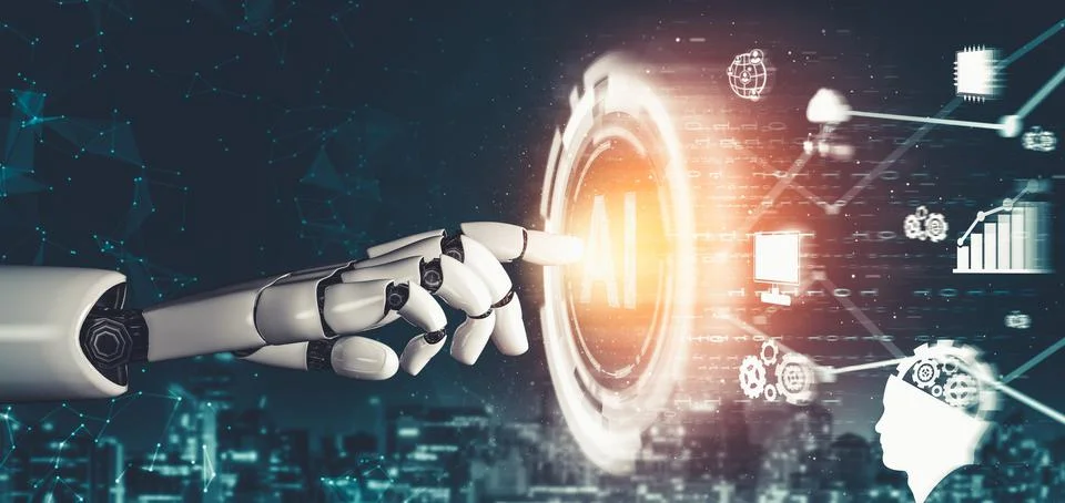 Futuristic AI thinking of droid robot artificial intelligence concept 스톡 일러스트