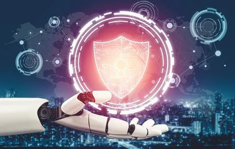 Futuristic AI thinking of droid robot artificial intelligence concept Stock Illustration