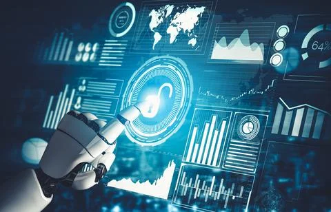 Futuristic AI thinking of droid robot artificial intelligence concept Stock Illustration