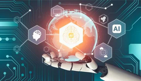 Futuristic AI thinking of droid robot artificial intelligence concept 스톡 일러스트