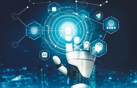 Futuristic AI thinking of droid robot artificial intelligence concept Stockillustratie