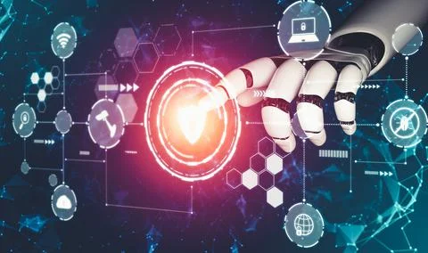 Futuristic AI thinking of droid robot artificial intelligence concept Stock Illustration