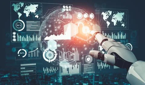 Futuristic AI thinking of droid robot artificial intelligence concept Stock Illustration