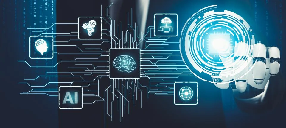 Futuristic AI thinking of droid robot artificial intelligence concept Stock Illustration