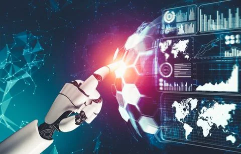 Futuristic AI thinking of droid robot artificial intelligence concept 스톡 일러스트