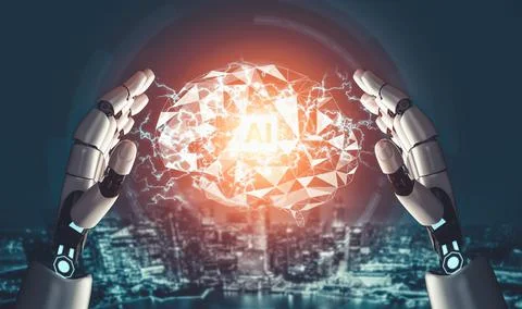 Futuristic AI thinking of droid robot artificial intelligence concept Stock Illustration