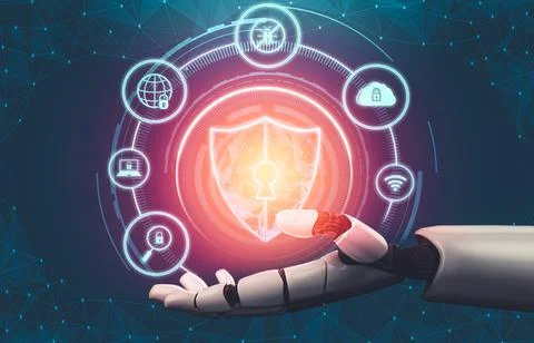 Futuristic AI thinking of droid robot artificial intelligence concept Stock Illustration