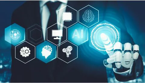 Futuristic AI thinking of droid robot artificial intelligence concept Stockillustratie