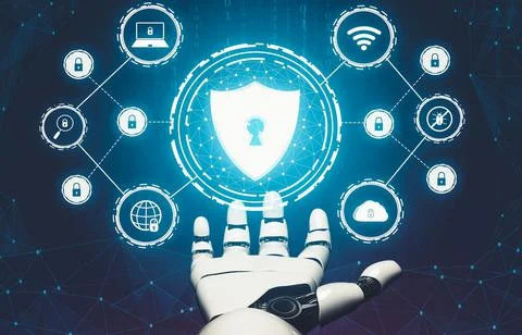 Futuristic AI thinking of droid robot artificial intelligence concept Stock Illustration