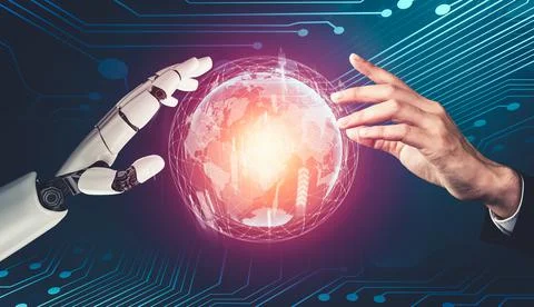 Futuristic AI thinking of droid robot artificial intelligence concept Illustrazione stock