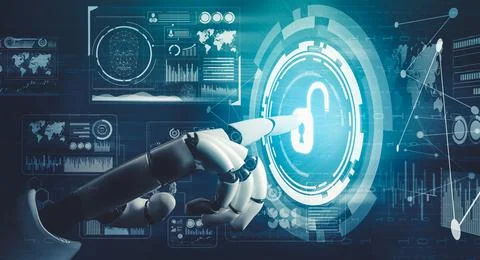Futuristic AI thinking of droid robot artificial intelligence concept Stock Illustration