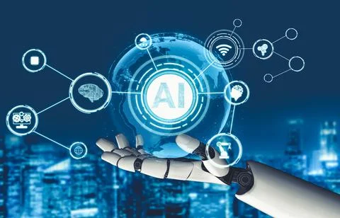 Futuristic AI thinking of droid robot artificial intelligence concept Stock Illustration