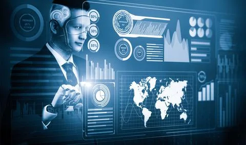 Futuristic AI thinking of droid robot artificial intelligence concept Stock Illustration