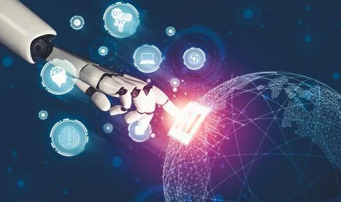 Futuristic AI thinking of droid robot artificial intelligence concept 库存插图