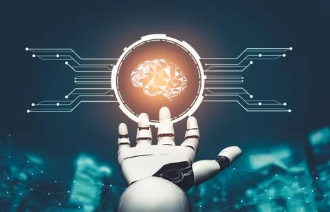 Futuristic AI thinking of droid robot artificial intelligence concept 库存插图