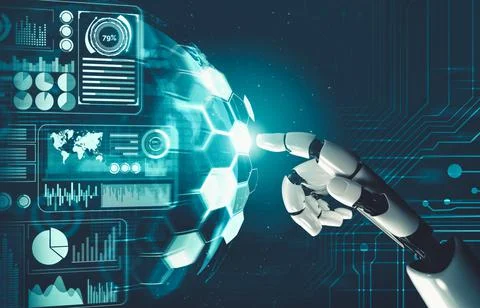 Futuristic AI thinking of droid robot artificial intelligence concept Stock Illustration