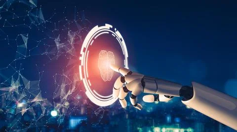 Futuristic AI thinking of droid robot artificial intelligence concept 스톡 일러스트