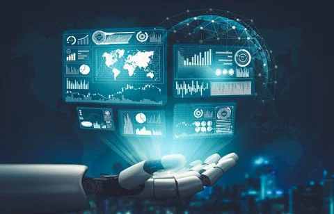 Futuristic AI thinking of droid robot artificial intelligence concept Stock Illustration