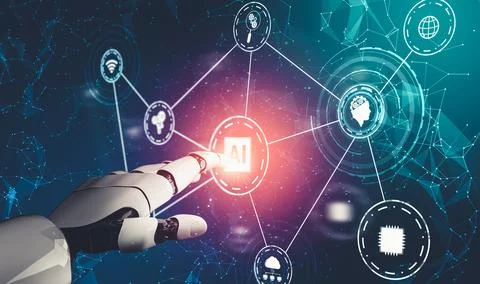 Futuristic AI thinking of droid robot artificial intelligence concept Stock Illustration