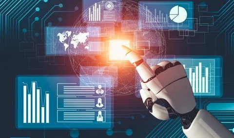 Futuristic AI thinking of droid robot artificial intelligence concept Stock Illustration