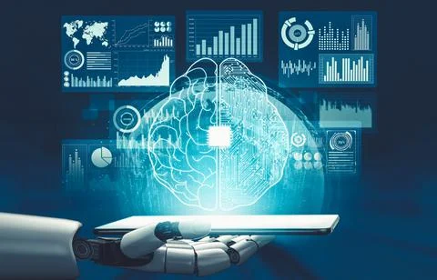 Futuristic AI thinking of droid robot artificial intelligence concept Stockillustratie