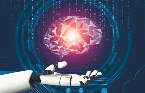 Futuristic AI thinking of droid robot artificial intelligence concept Stock Illustration