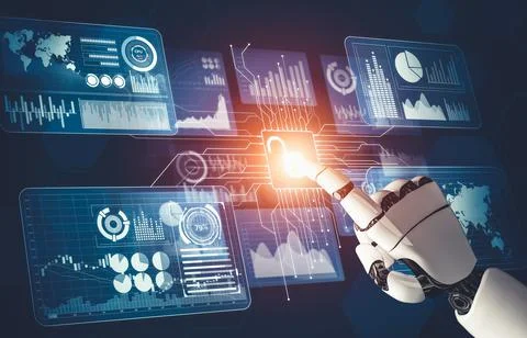 Futuristic AI thinking of droid robot artificial intelligence concept Stock Illustration