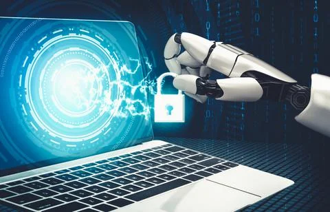 Futuristic AI thinking of droid robot artificial intelligence concept Stock Illustration