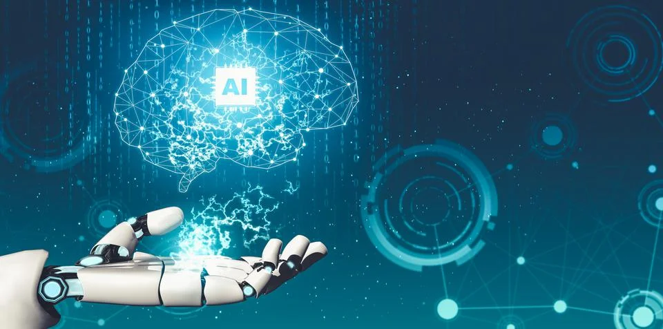 Futuristic AI thinking of droid robot artificial intelligence concept 库存插图