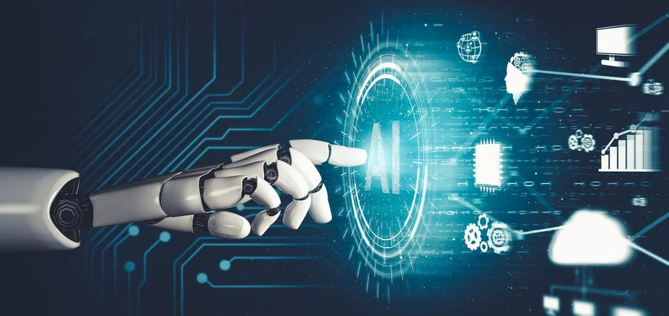 Futuristic AI thinking of droid robot artificial intelligence concept Stock Illustration