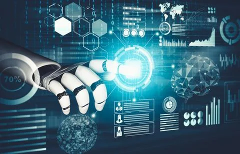 Futuristic AI thinking of droid robot artificial intelligence concept 스톡 일러스트