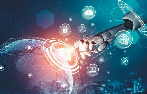 Futuristic AI thinking of droid robot artificial intelligence concept Stock Illustration