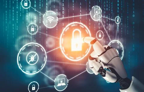 Futuristic AI thinking of droid robot artificial intelligence concept Stock Illustration