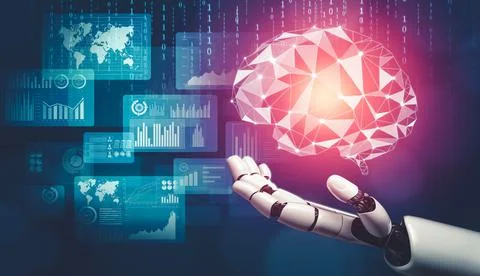 Futuristic AI thinking of droid robot artificial intelligence concept Stock Illustration