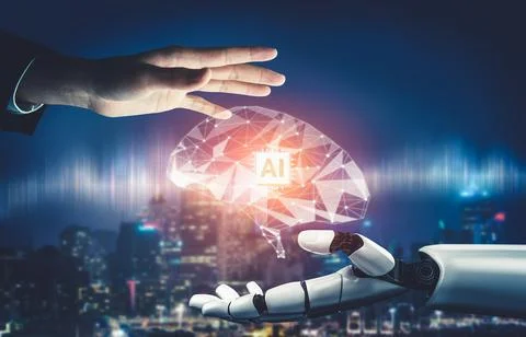 Futuristic AI thinking of droid robot artificial intelligence concept Stockillustratie