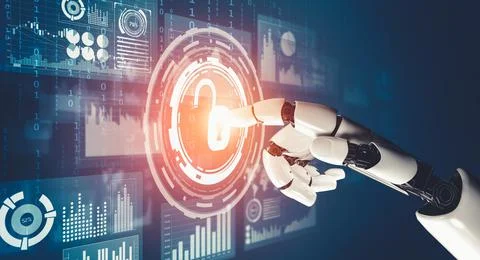 Futuristic AI thinking of droid robot artificial intelligence concept Stock Illustration