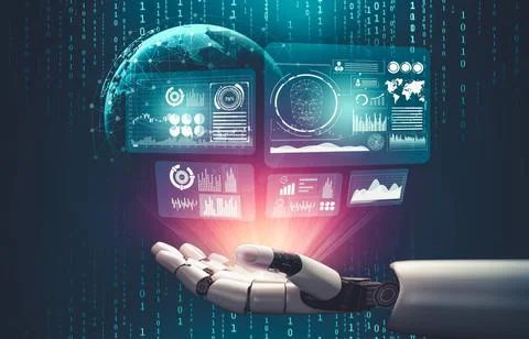 Futuristic AI thinking of droid robot artificial intelligence concept Illustrazione stock