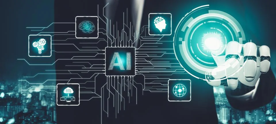 Futuristic AI thinking of droid robot artificial intelligence concept Illustrazione stock