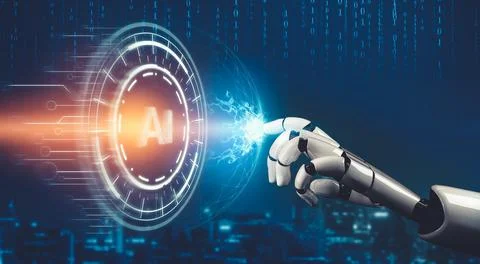 Futuristic AI thinking of droid robot artificial intelligence concept Illustrazione stock