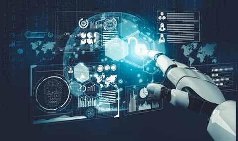 Futuristic AI thinking of droid robot artificial intelligence concept Stock Illustration