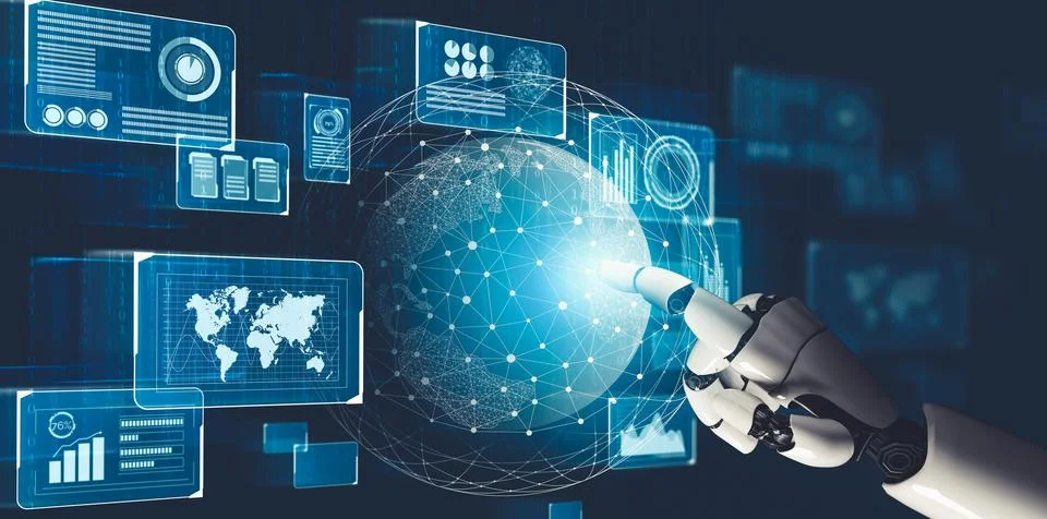 Futuristic AI thinking of droid robot artificial intelligence concept 스톡 일러스트