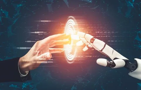 Futuristic AI thinking of droid robot artificial intelligence concept Illustrazione stock