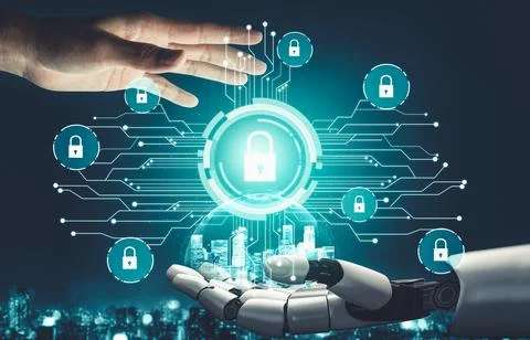 Futuristic AI thinking of droid robot artificial intelligence concept Stock-Illustration